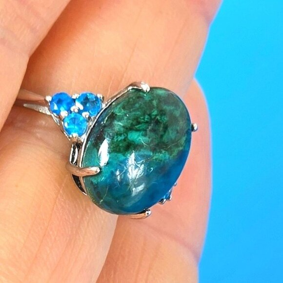 925 Sterling Silver Ring SZ 7 with Natural 13x10mm Chrysocolla & Apat… - Picture 9 of 12